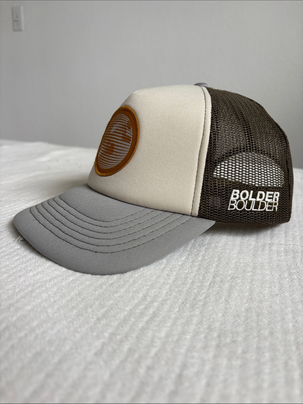 BOLDER Boulder Trucker Hat in Cream, Gray & Army Green